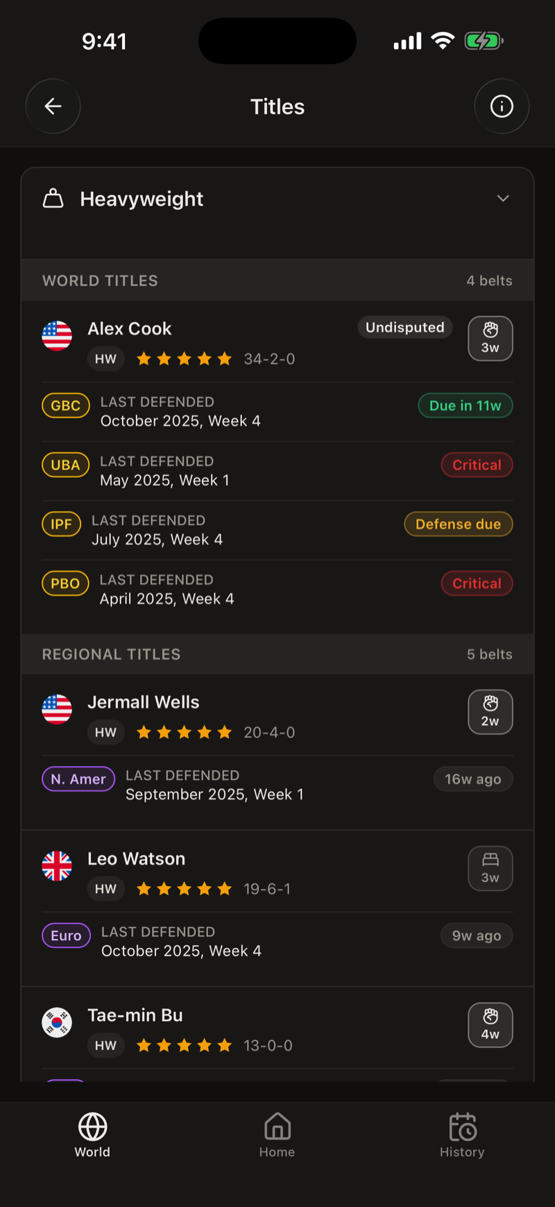 Championship titles screen